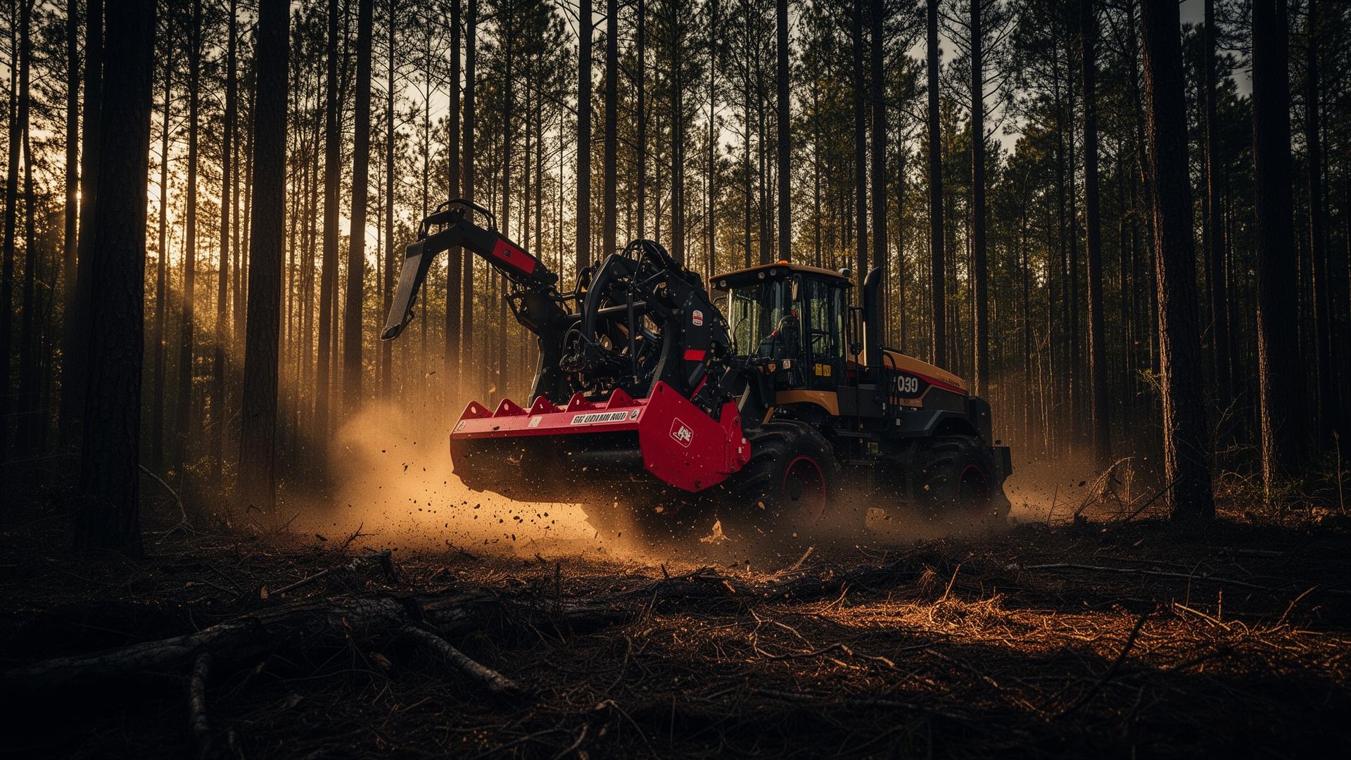 Forestry mulcher clearing Alabama pine forest at golden hour